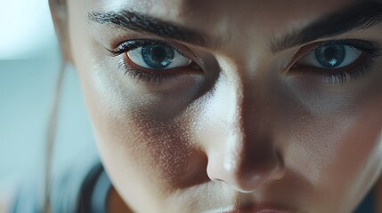 Realistic close-up of a fitness instructor’s face as they demonstrate an exercise. The focus is on the instructor’s expressive facial features