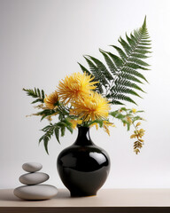 Traditional Japanese Ikebana Art in a Black Vase
