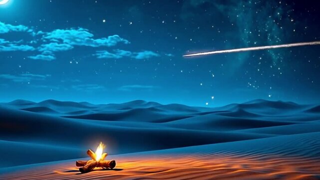 Moonlit Mirage: A Desert's Mystical Night, Where a Lamp Holds the Secrets of Genie Magic. Animated fantasy background, watercolor painting illustration style, seamless looping 4K video