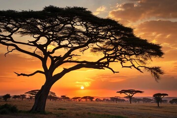 African Savanna Sunset with Acacia Tree Silhouette &ndash; Scenic Natural Beauty