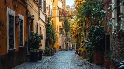 Fototapeta premium Charming old street in Rome with beautiful architecture, capturing the essence of the city. Perfect for a picturesque postcard.