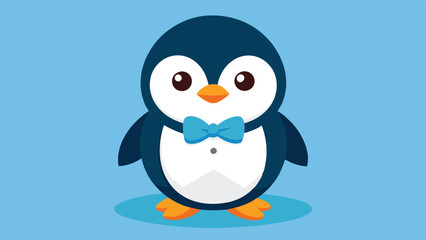 Naklejka premium Cute penguin in a blue bow tie standing against a light blue background, creating a cheerful and playful atmosphere for any occasion