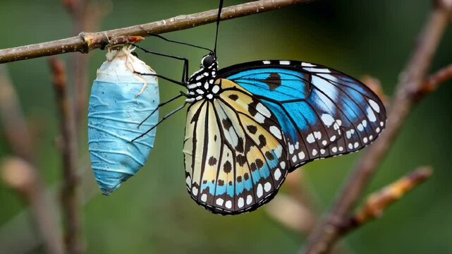 blue and black butterfly emerging from cocoon on a branch representing transformation growth and nature evolution  