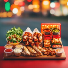 A vibrant tray of delectable street food arranged beautifully on a wooden table ready for enjoyment and sharing