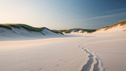 A serene beach landscape with gentle dunes and footprints in the sand under a clear sky.