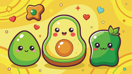 Obraz premium Cute vector illustration of happy avocado, toast, and fruits on a colorful background with playful expressions and fun elements