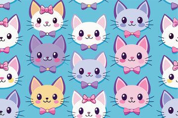Obraz premium Cute cat heads with bows and colorful flowers arranged on a pink background in a fun and playful pattern for childrens decor