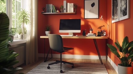 Cozy office nook with vibrant orange walls and a sleek desk.