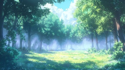 Obraz premium Sunlit forest clearing with lush green trees and meadow.