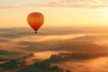 Obraz premium Sunrise Hot Air Balloon Ride Over Misty Valley Landscape