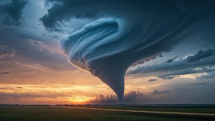 A dramatic tornado spirals down from stormy clouds at sunset over a vast landscape.