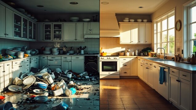 A split image showing a messy kitchen on one side and a clean, organized kitchen on the other.
