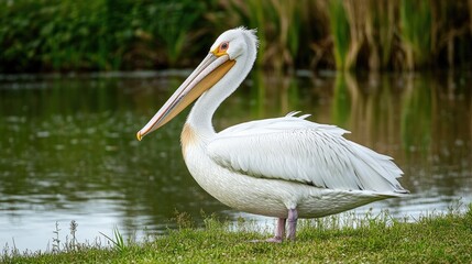 A large white pelican standing in the grass near a small pond.