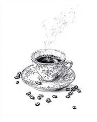 Artistic Sketch of a Coffee Cup and Beans on a Table