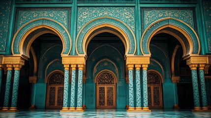 Obraz premium Grand Turquoise Walls with Golden Accents and Ornate Wooden Doors