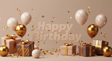 Happy Birthday gifts balloons confetti for celebration Festive background