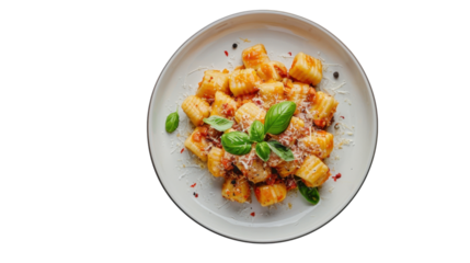 Delicious gnocchi with tomato sauce, basil, and grated cheese on transparent background
