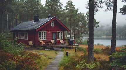 Red Cabin Forest Lake Nature Escape