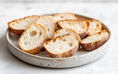 Close-up view of several slices of toasted bread arranged on a speckled beige plate, set against a bright white background. The bread is light golden brown, with some slices showing airy textures