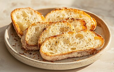 Obraz premium Slices of toasted bread with poppy seeds and seasonings on a beige plate. Warm lighting enhances the golden crusts