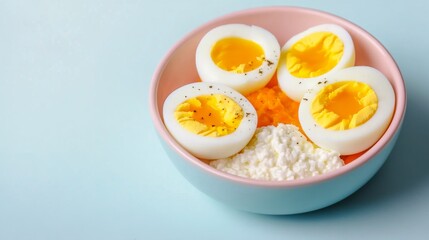 Puppy-friendly meal with soft-boiled eggs, cottage cheese, and mashed carrots in a cute pastel bowl
