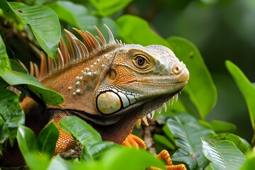 Obraz premium The Iguana in its Illustrating Habitat By looking closely, we can see how the iguana hides in the gaps of the leaves, enjoying the cool tropical atmosphere