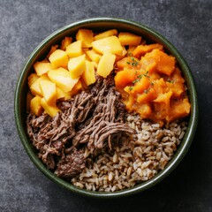 Fototapeta premium Wholesome dog meal in an eco-friendly bowl with fresh greens and lean proteins