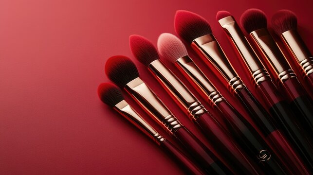 A set of red-themed makeup brushes arranged artistically on a rich red background.