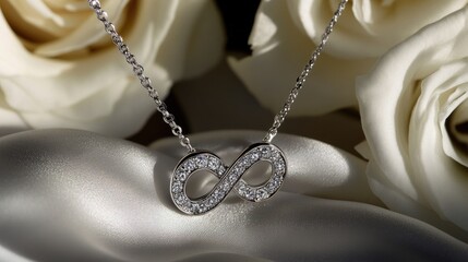 A silver infinity pendant necklace with embedded diamonds, resting on a minimalist background.