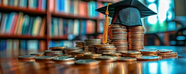 Saving money for education through smart banking and finance investment concepts with coins and loans to support college and future children's education fund growth.