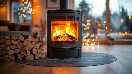 Modern indoor living room with a stylish wood stove and fireplace showcasing vibrant flames creating a cozy home atmosphere