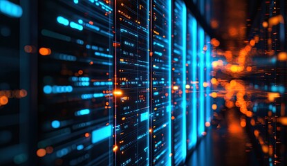 Data center server room glowing digital code