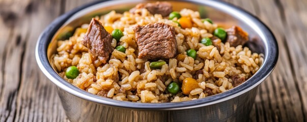 Fototapeta premium Freshly cooked dog food in a stainless steel bowl, featuring brown rice, lean beef, and green beans