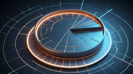 A futuristic D pie chart with matte, illuminated slices, suspended in a digital space with soft, ambient lighting effects.