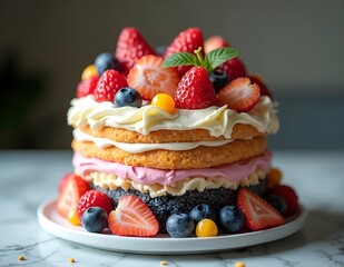 Cake Creamy appetizing with a special filling of fluffy cake layer with creamy filling, fruit jam and fresh elements as dessert, extraordinary taste experience