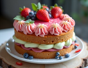 Cake Creamy appetizing with a special filling of fluffy cake layer with creamy filling, fruit jam and fresh elements as dessert, extraordinary taste experience