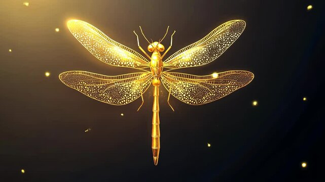 Golden dragonfly with intricate patterns shimmering against a dark background