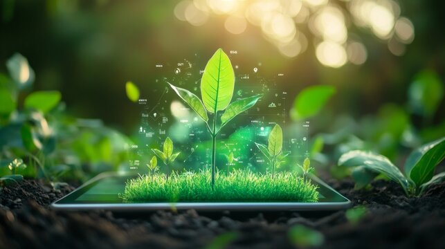 A glowing ESG interface floating above a tablet, displaying real-time data on environmental practices, social initiatives, and corporate governance for transparent decision-making