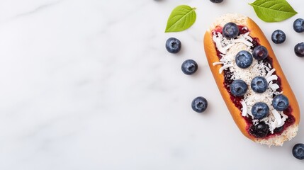 Elegant dog meal featuring bison, blueberries, and shredded coconut on a marble counter