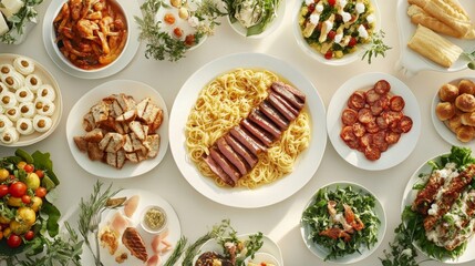 A top-down shot of a festive buffet meal with a range of dishes like pasta, grilled meats, fresh salads, and dessert pastries spread across the table