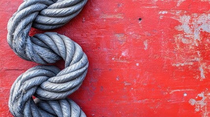 A thick, textured climbing rope arranged neatly on a bold red background.