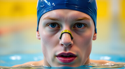 Close-up of an athlete's face with blue swim cap and nose clip in a pool