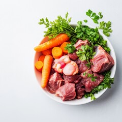 Vibrant raw dog food bowl with organ meat, carrots, and fresh herbs for a holistic diet