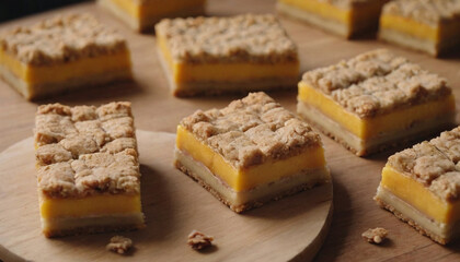 mango crumb bars on a wooden board