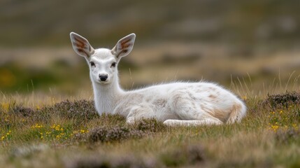 Obraz premium A white deer fawn resting in a peaceful green meadow.