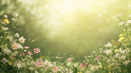 A field of flowers with a bright sun shining on them. The flowers are a mix of pink and yellow, and they are scattered throughout the field