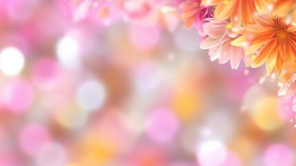 A flowery background with a pink and orange flower in the foreground. The background is blurry and the flower is in focus