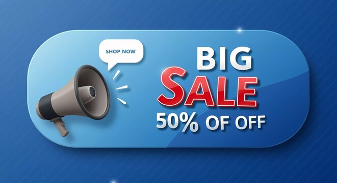 Big sale announcement with megaphone and 50% off promotion in blue