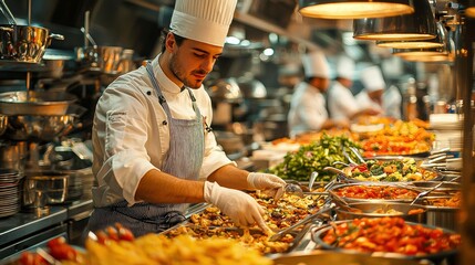 Epicurean eatery showcasing exquisite food dishes with creative cookery techniques, perfect for dinner in a vibrant kitchen, highlighting the art of cooking and meal presentation.