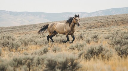 Wild Mustang galloping across a vast, dry, and sparsely vegetated landscape.